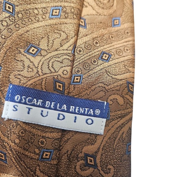 Oscar De La Renta Studio Mens Brown & Blue Paisley Pattern Tie Silk Blend - Picture 3 of 4